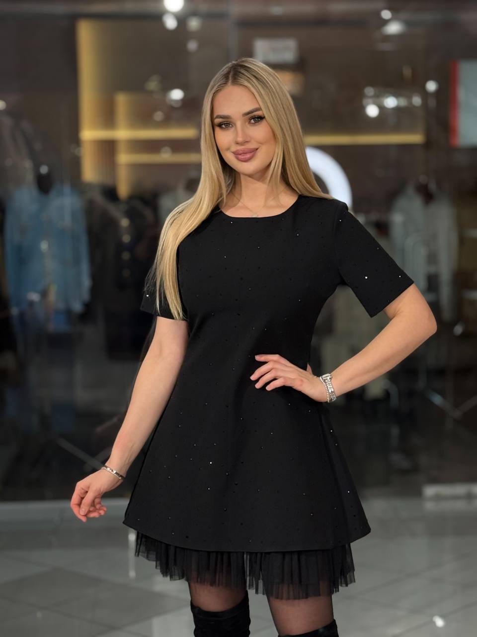 black dress with stones and flowing tulle – Anna Mark Boutique Color:Blush Floral high stretch The Oleander Dress | ensuring you stand out