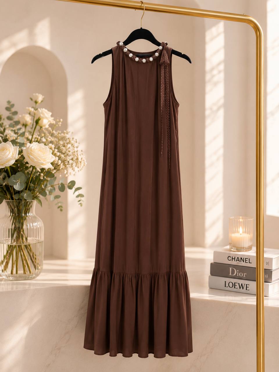 Vestido con decoración de lunares y perlas.
