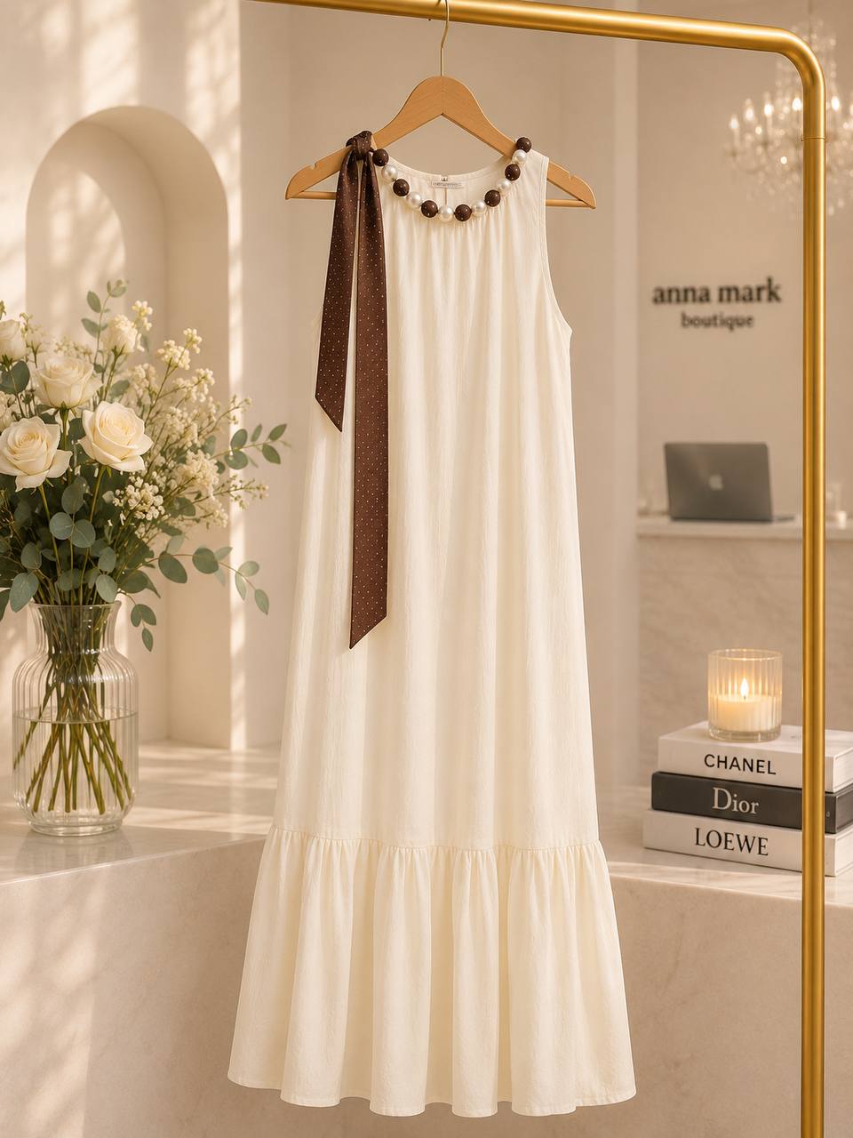Vestido con decoración de lunares y perlas.
