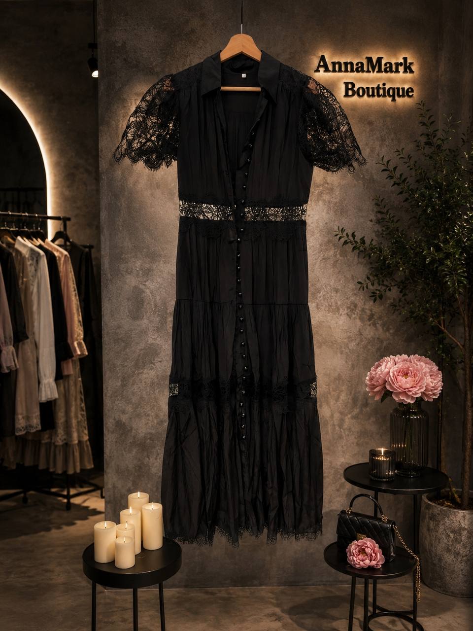 Vestido con botones de perla y encaje.