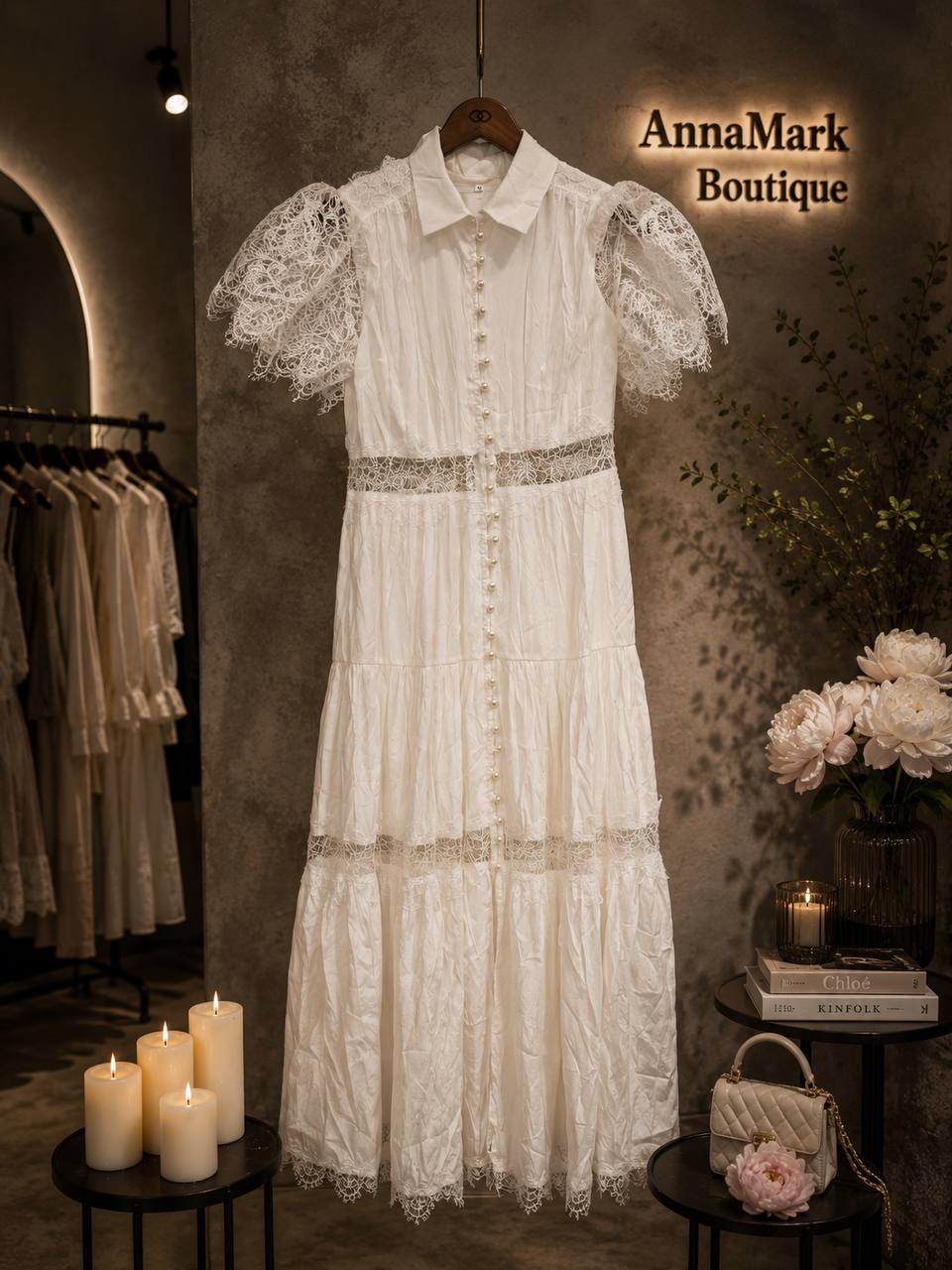Vestido con botones de perla y encaje.